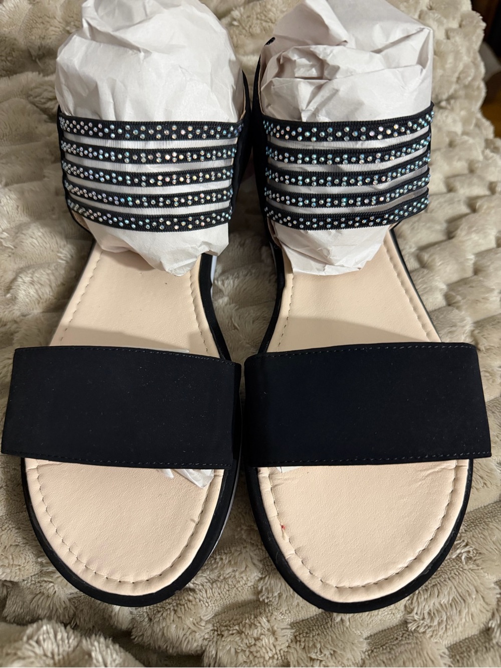 Black Crystal-Trim Flat Women’s Sandals
